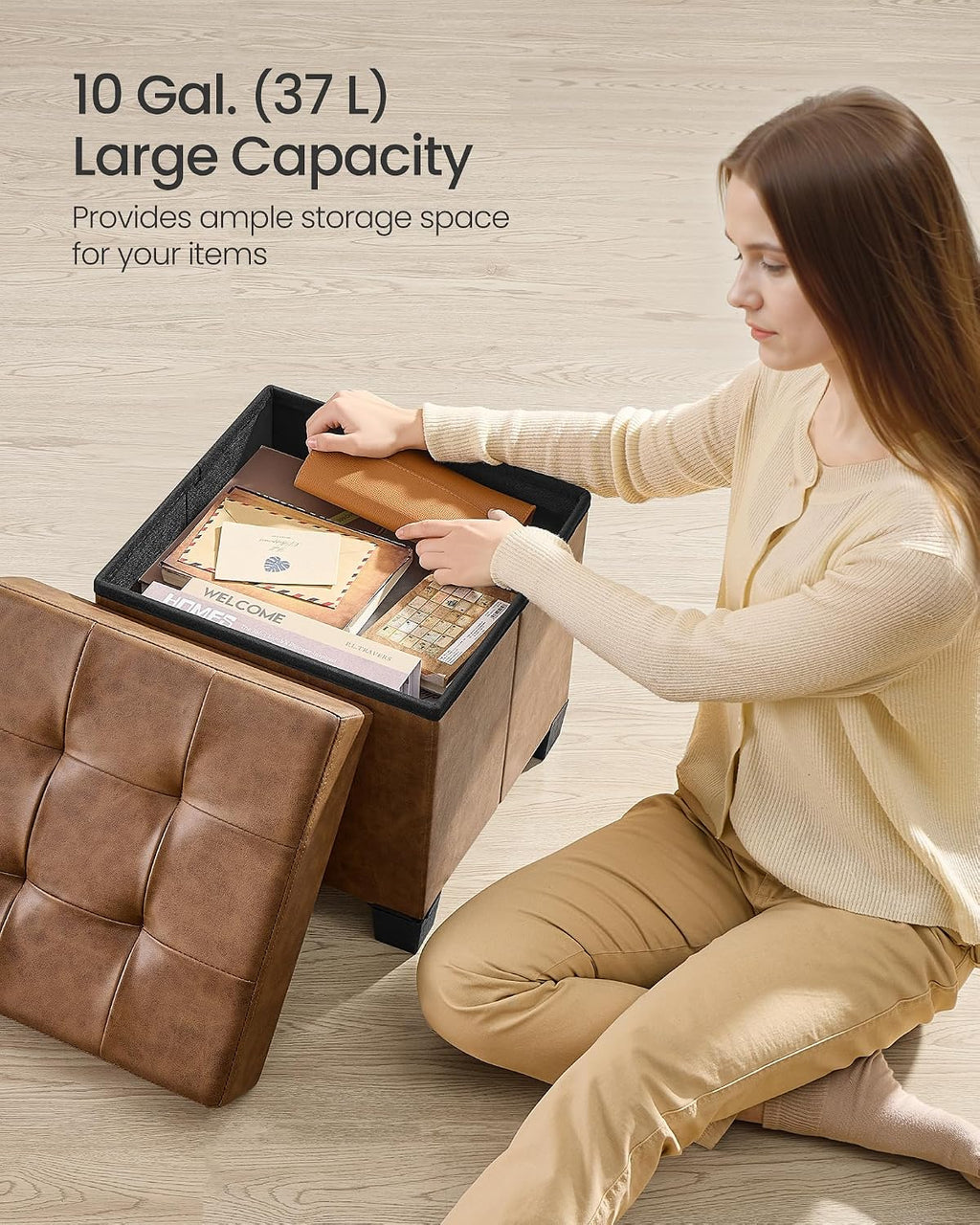 SONGMICS Small Storage Ottoman, 15 x 15 x 15.8 Inches, 9.8 Gal. (37 L) | Folding Ottoman Cube, Footstool, Footrest, PVC Leather Surface, Coffee Brown, MELISA Collection ULSF0512K03