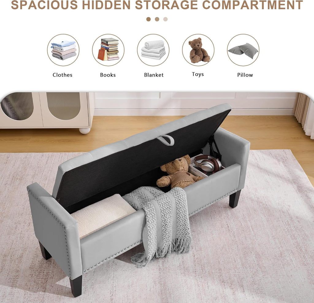 51" Storage Ottoman Bench, Velvet Large End of Bed Bench with Arms, Modern Storage Bench for Living Room, Bedroom, Entryway, Window, Holds up to 500 lb