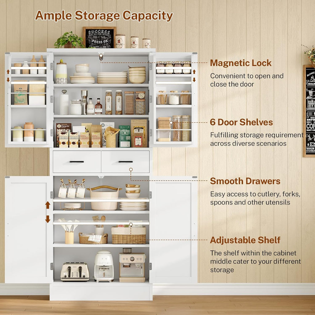 TEENFON Farmhouse Pantry Cabinet, 66.9″H Tall Kitchen Storage Cabinet with Barn Doors, Adjustable Shelves & Drawer, Freestanding Cupboard for Kitchen, Dining Room, Living Room, Bathroom, White