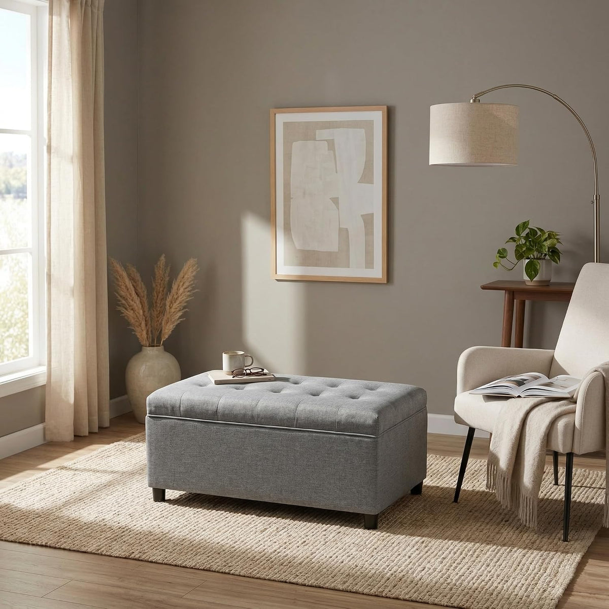 Linen Storage Ottoman Bench 35 inch with Hinged Lid - Multi-Functional Ottoman with Storage for Living Room, Bedroom End of Bed, Entryway Shoe Seat - Easy Assembly, Linen Gray