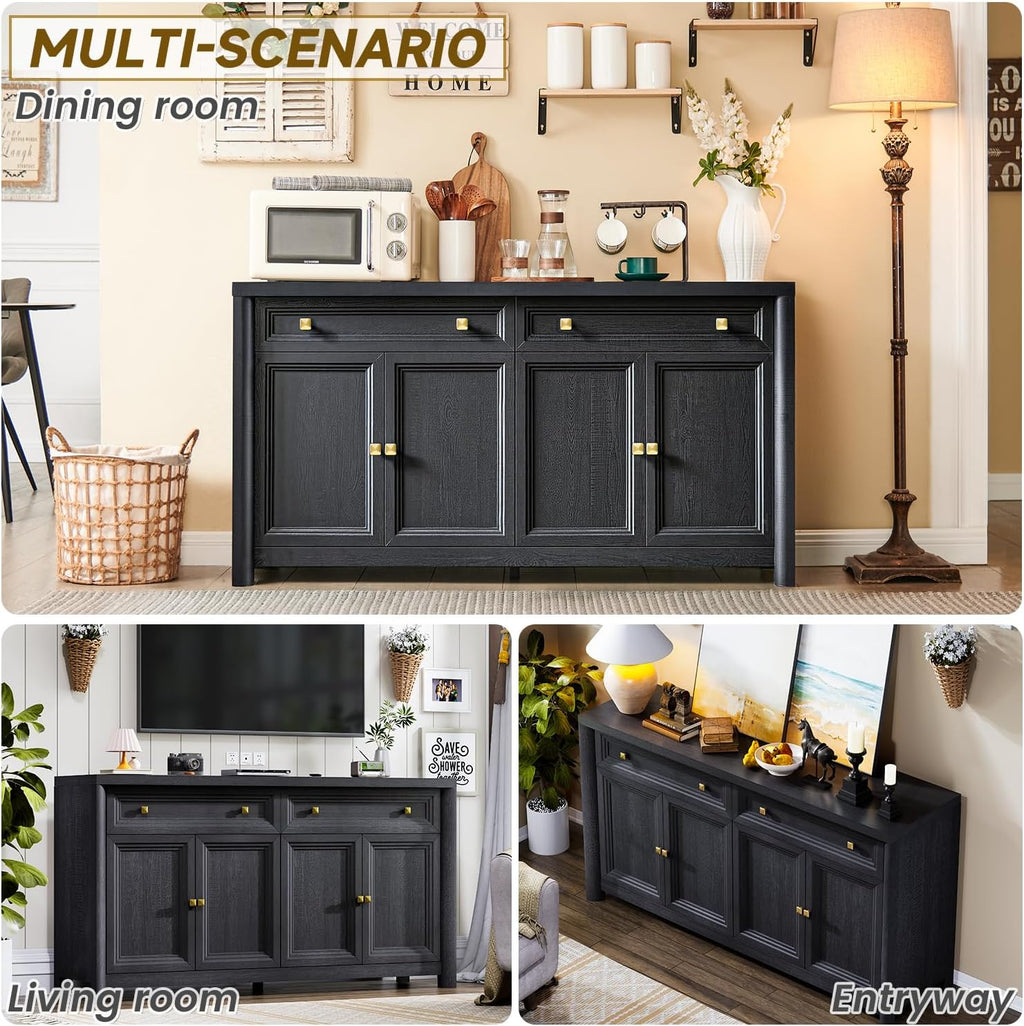 Standifurno Credenza Storage Cabinet with 4 Doors and 2 Drawers, 59" Large Sideboard Buffet Cabinet, 32.1'' Tall Wood Buffet Table Coffee Bar Console Cabinets for Living Dining Room, Black