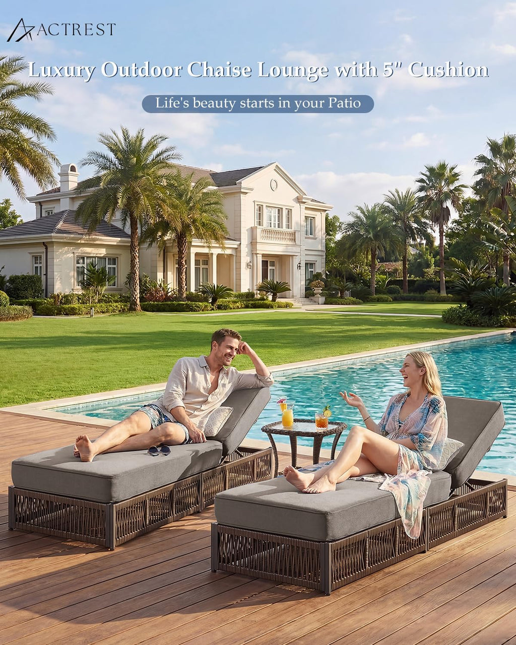 Luxury Outdoor Chaise Lounges with 5 Inch Thickened Cushions - Set of 2 High Back Brown Wicker Patio Recliners Rattan Reclining Chairs Porch Poolside Pool Sunbathing Lounger - Grey