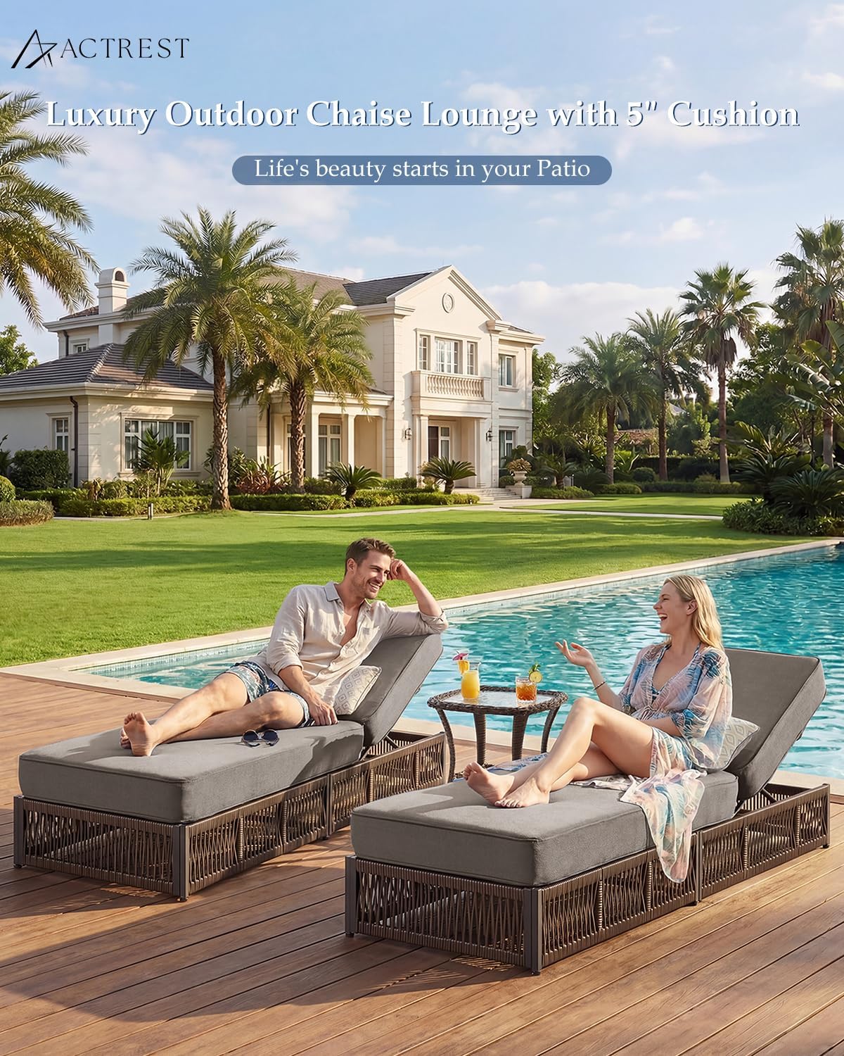 Luxury Outdoor Chaise Lounges with 5 Inch Thickened Cushions - Set of 2 High Back Brown Wicker Patio Recliners Rattan Reclining Chairs Porch Poolside Pool Sunbathing Lounger - Grey