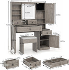 Farmhouse Vanity Desk with Mirror and Lights, 42” Makeup Vanity with Charging Station, 4 Drawers & Adjustable Shelves, Oak