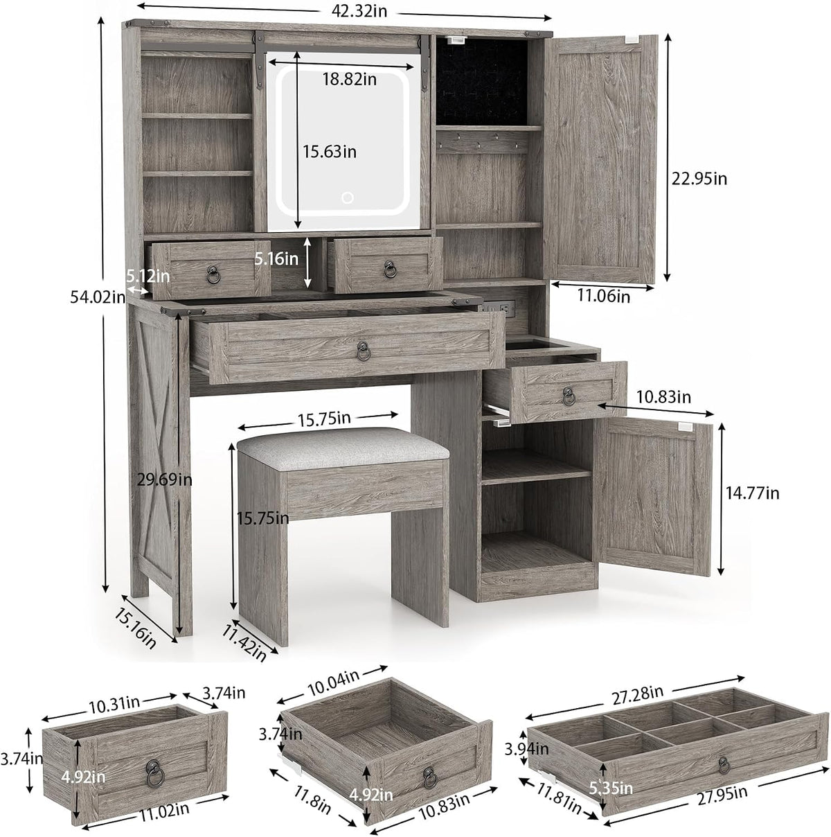 Farmhouse Vanity Desk with Mirror and Lights, 42” Makeup Vanity with Charging Station, 4 Drawers & Adjustable Shelves, Oak