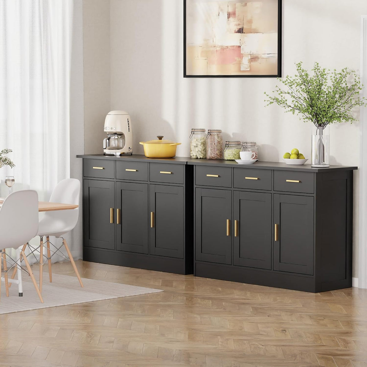 Buffet Cabinet with Storage - Buffets & Sideboards Kitchen Storage Cabinet, Wood Console Table Coffee Bar Accent Cabinets for Living Room Dining Room Entryway Large 3 Doors & Drawers, Black 47.2"W