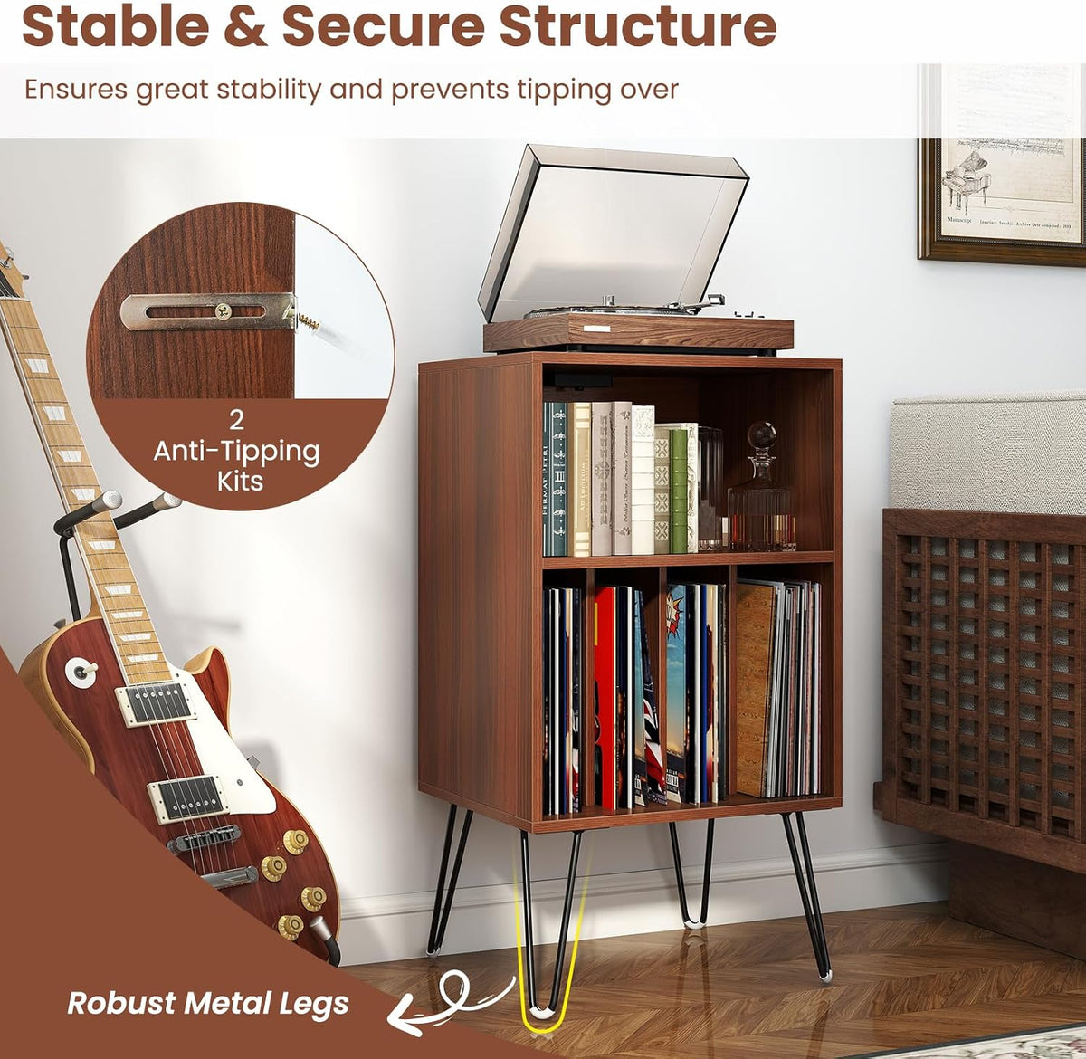 LOKO Record Player Stand with Charging Station, Turntable Stand with Vinyl Storage & USB Ports, Farmhouse Vinyl Record Storage Cabinet for Living Room, Bedroom, Music Room, Holds Up to 150 Albums