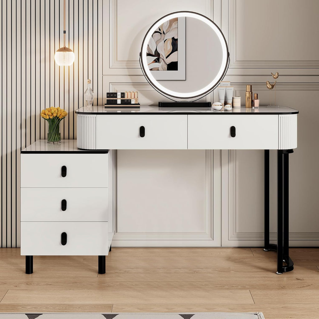 KDCAS Small Makeup Vanity Desk with Mirror and LED Lights | Modern Fluted Vanity Table with Drawers and Reversible Adjustable Side Cabinet (39.37"–51.2") | Space-Saving White Vanity Desk for Bedroom