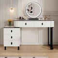 KDCAS Small Makeup Vanity Desk with Mirror and LED Lights | Modern Fluted Vanity Table with Drawers and Reversible Adjustable Side Cabinet (39.37"–51.2") | Space-Saving White Vanity Desk for Bedroom