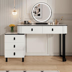KDCAS Small Makeup Vanity Desk with Mirror and LED Lights | Modern Fluted Vanity Table with Drawers and Reversible Adjustable Side Cabinet (39.37"–51.2") | Space-Saving White Vanity Desk for Bedroom