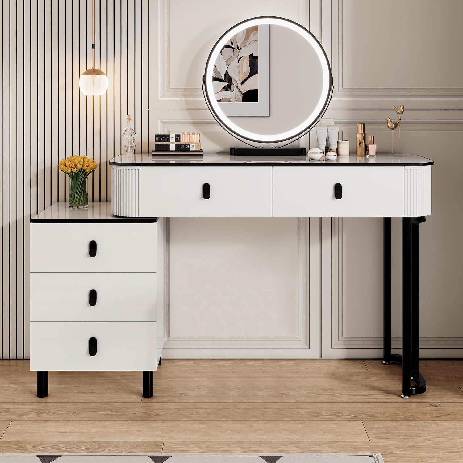 KDCAS Small Makeup Vanity Desk with Mirror and LED Lights | Modern Fluted Vanity Table with Drawers and Reversible Adjustable Side Cabinet (39.37"–51.2") | Space-Saving White Vanity Desk for Bedroom