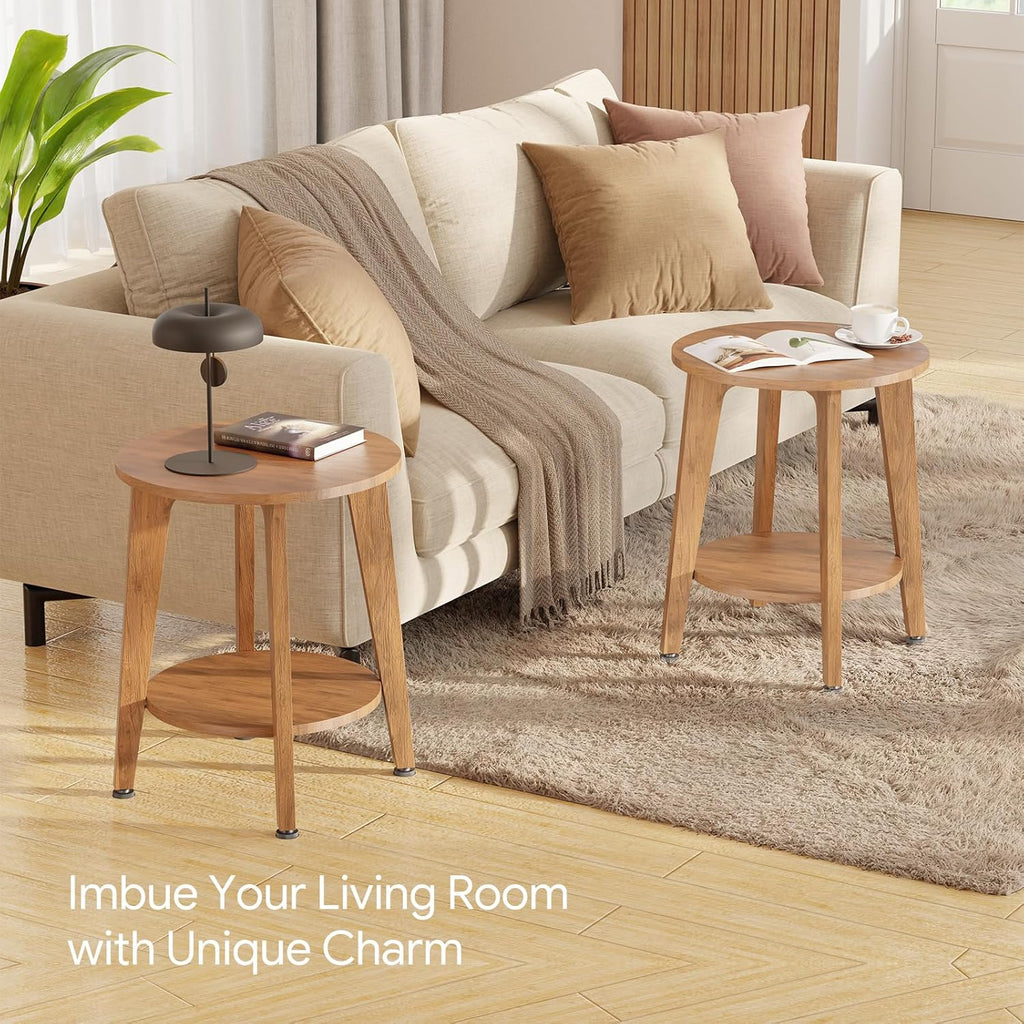 Simple Trending Round Side Table, Small End Table, Nightstand Bedside Table with Tapered Legs, for Living Room, Rustic Walnut