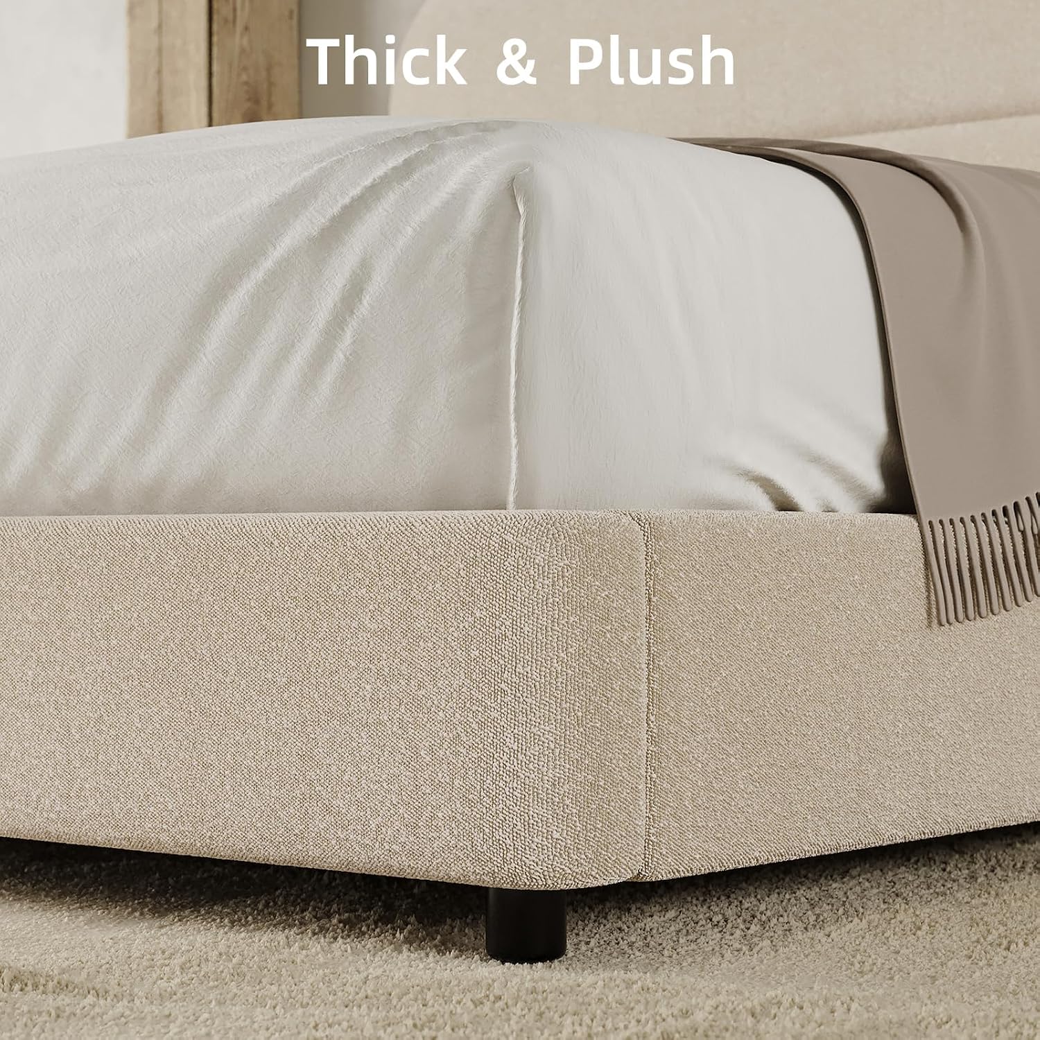 HOMBCK Full Size Cloud Bed Frame, Plush Boucle Upholstered Platform Bed, Adjustable Padded Headboard, Rounded Corners, Low‑Profile Design, No Box Spring Needed, Cream