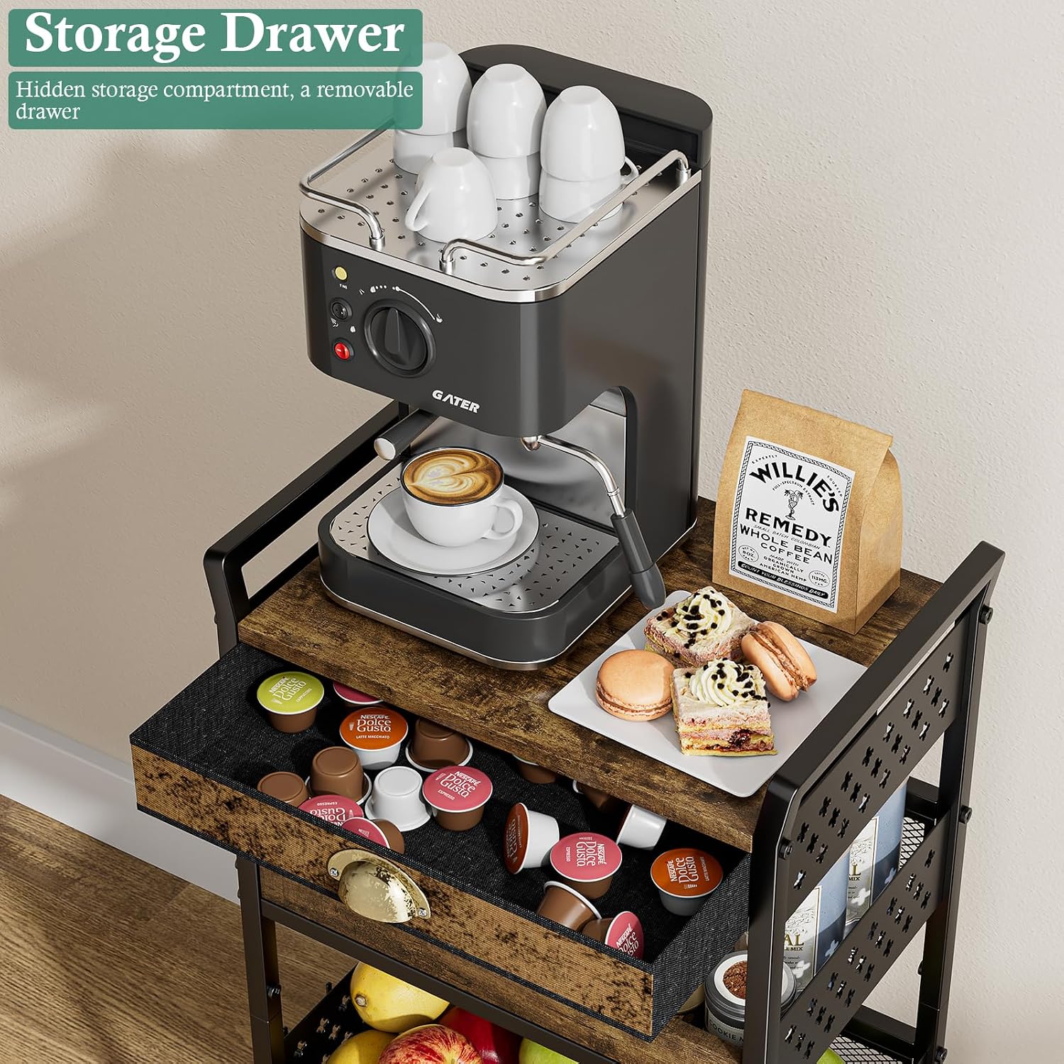 XYZLVSI Rolling Utility Cart, 4 Tier Coffee Cart Station with Drawer | Metal craft storage cart, nail cart with wheels, ideal for living room/entryway/bathroom/office/makeup, wire basket, hooks