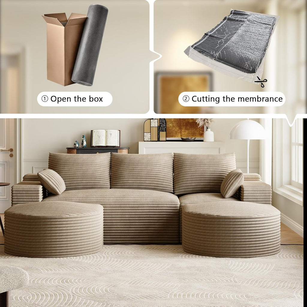 108" U-Shaped Couches for Living Room,Comfy Fluffy Cloud Sectional Couch with Curved Ottoman, Modern Plush Corduroy Deep Seat Modular Sectional Sofa for Small Spaces, Light Brown