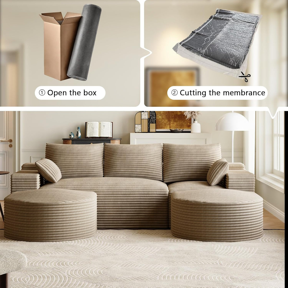 108" U-Shaped Couches for Living Room,Comfy Fluffy Cloud Sectional Couch with Curved Ottoman, Modern Plush Corduroy Deep Seat Modular Sectional Sofa for Small Spaces, Light Brown