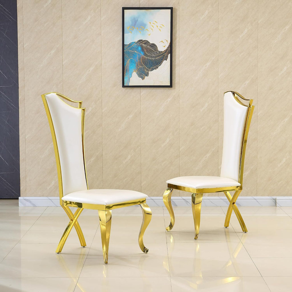 Luxury Dining Chairs Set of 4, Modern White Leather Upholstered Kitchen Chairs with High Backrest & Gold Stainless Steel Legs, Mid Century Accent Chairs for Living Room, Kitchen