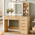 47“Makeup Vanity Desk with Mirror and Lights, Vanity Desk with 7 Drawers & Storage Shelves, Vanity Table with Power Outlet, 3 Color Modes & Adjustable Brightness Dressing Table, Bedroom,Wood