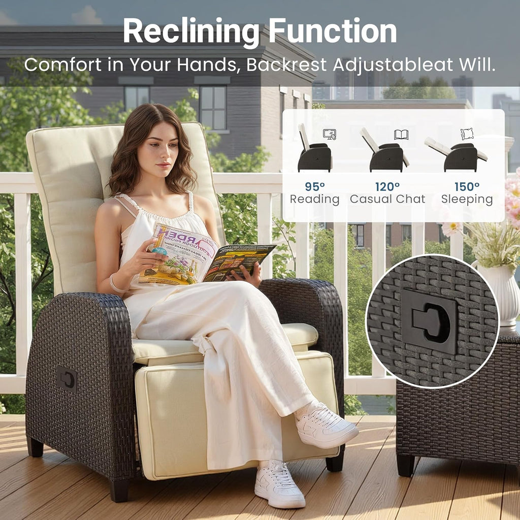 Green4ever Outdoor Patio Recliner with Adjustable Backrest and Footrest, All-Weather Wicker Patio Chair with Side Table, 160° Lay Flat Patio Reclining Lounge Chair for Garden Backyard, Beige