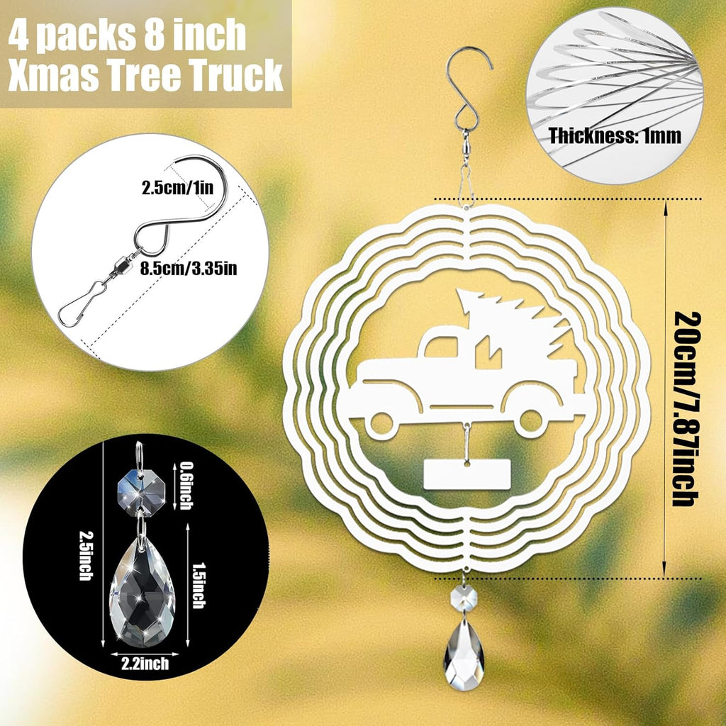 4Pack 8inch Sublimation Wind Spinner Blanks 3D Aluminum Metal Wind Sculpture Kinetic Spinners for Yard Garden Indoor Art Sublimation Christmas Ornament Hanging Decoration (Xmas Tree Truck)