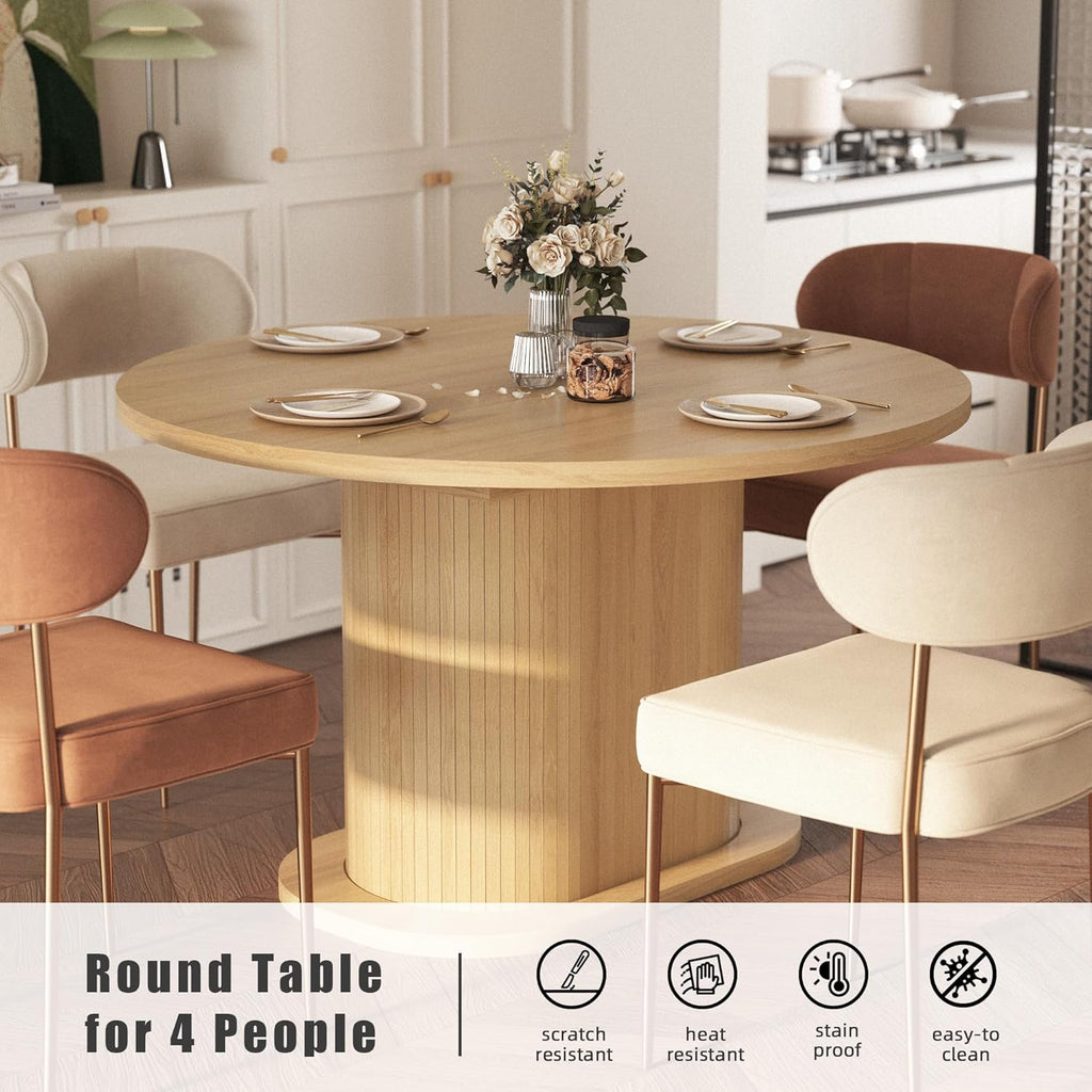 39.37'' to 55.12'' Round Extendable Dining Table for 4-8 People, Expandable Wood Dining Table with Removable Leaf, Space Saving Modern Kitchen Table with Pedestal Base, Natural