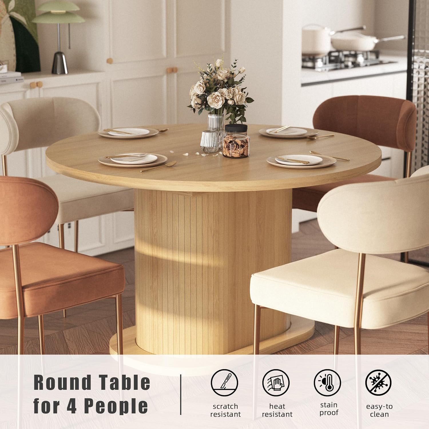 39.37'' to 55.12'' Round Extendable Dining Table for 4-8 People, Expandable Wood Dining Table with Removable Leaf, Space Saving Modern Kitchen Table with Pedestal Base, Natural