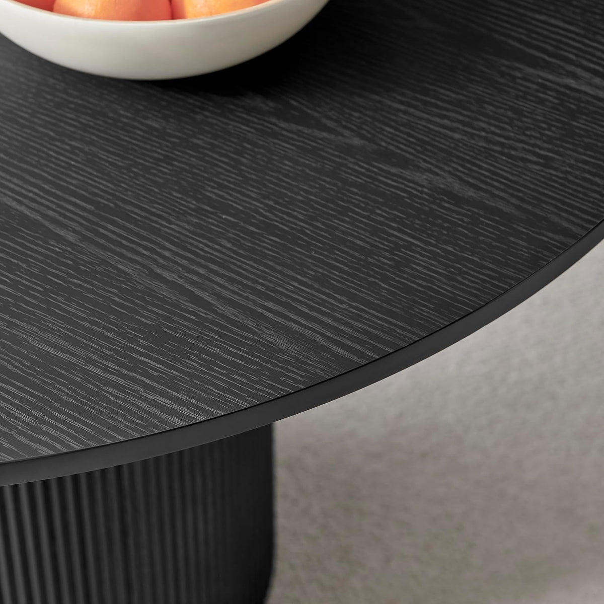 Furniturebox UK Dining Table - 'Penrose' Black 120cm 4-6 Seat Round Wooden Pedestal Dining Table - Melamine Veneer - Slatted Wood Pillar Leg - Modern Scandi Japanese Style Dining Furniture (Black)