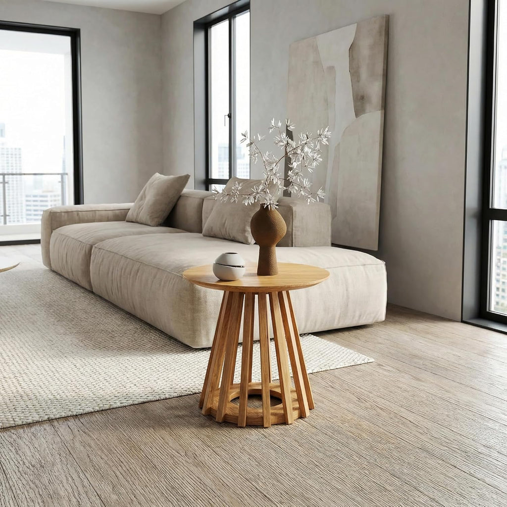 HNY Modern Round Fluted End Table, Wood Pedestal Side Table, Drum Accent Bedside Drink Tables for Living Room Bedroom Small Space Couch, Natural