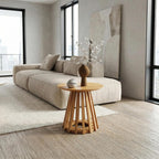 HNY Modern Round Fluted End Table, Wood Pedestal Side Table, Drum Accent Bedside Drink Tables for Living Room Bedroom Small Space Couch, Natural