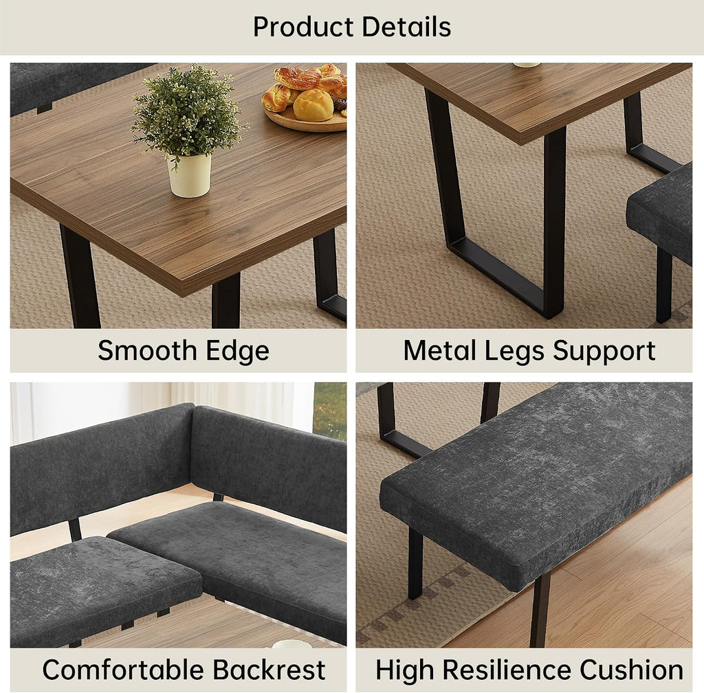 HIPIHOM 3-Piece Corner Dining Table Set with Bench, 67 Inch Space-Saving Breakfast Nook for Kitchen & Dining Room (Walnut Table & Grey Bench)