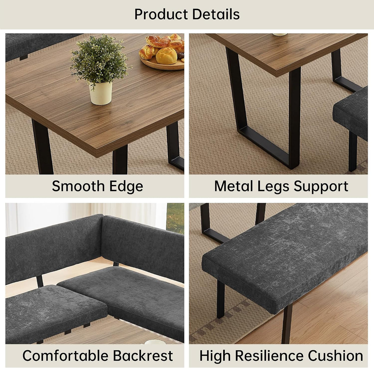 HIPIHOM 3-Piece Corner Dining Table Set with Bench, 67 Inch Space-Saving Breakfast Nook for Kitchen & Dining Room (Walnut Table & Grey Bench)