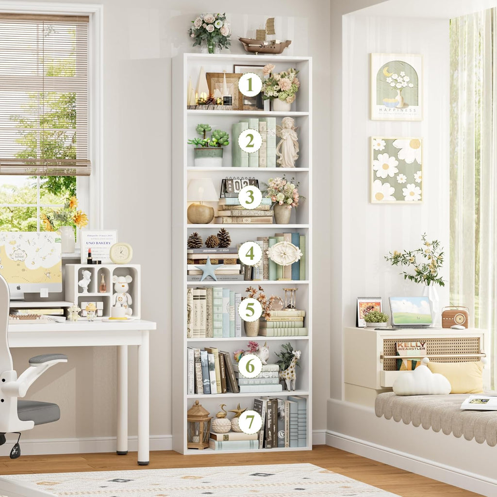FACBOTALL 82" Tall Bookshelf, 7-Tier Open Shelves Bookcase, Freestanding Display Storage Shelves, Tall Bookcase Home Decor Furniture for Home Office, Living Room, Bedroom, White