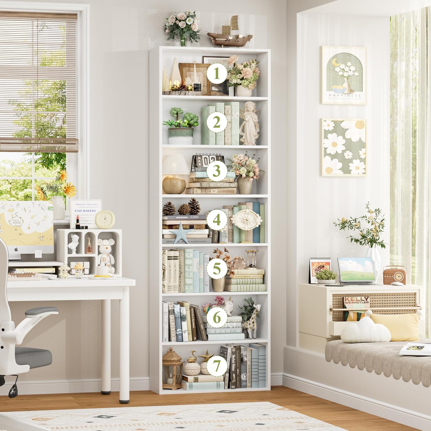FACBOTALL 82" Tall Bookshelf, 7-Tier Open Shelves Bookcase, Freestanding Display Storage Shelves, Tall Bookcase Home Decor Furniture for Home Office, Living Room, Bedroom, White