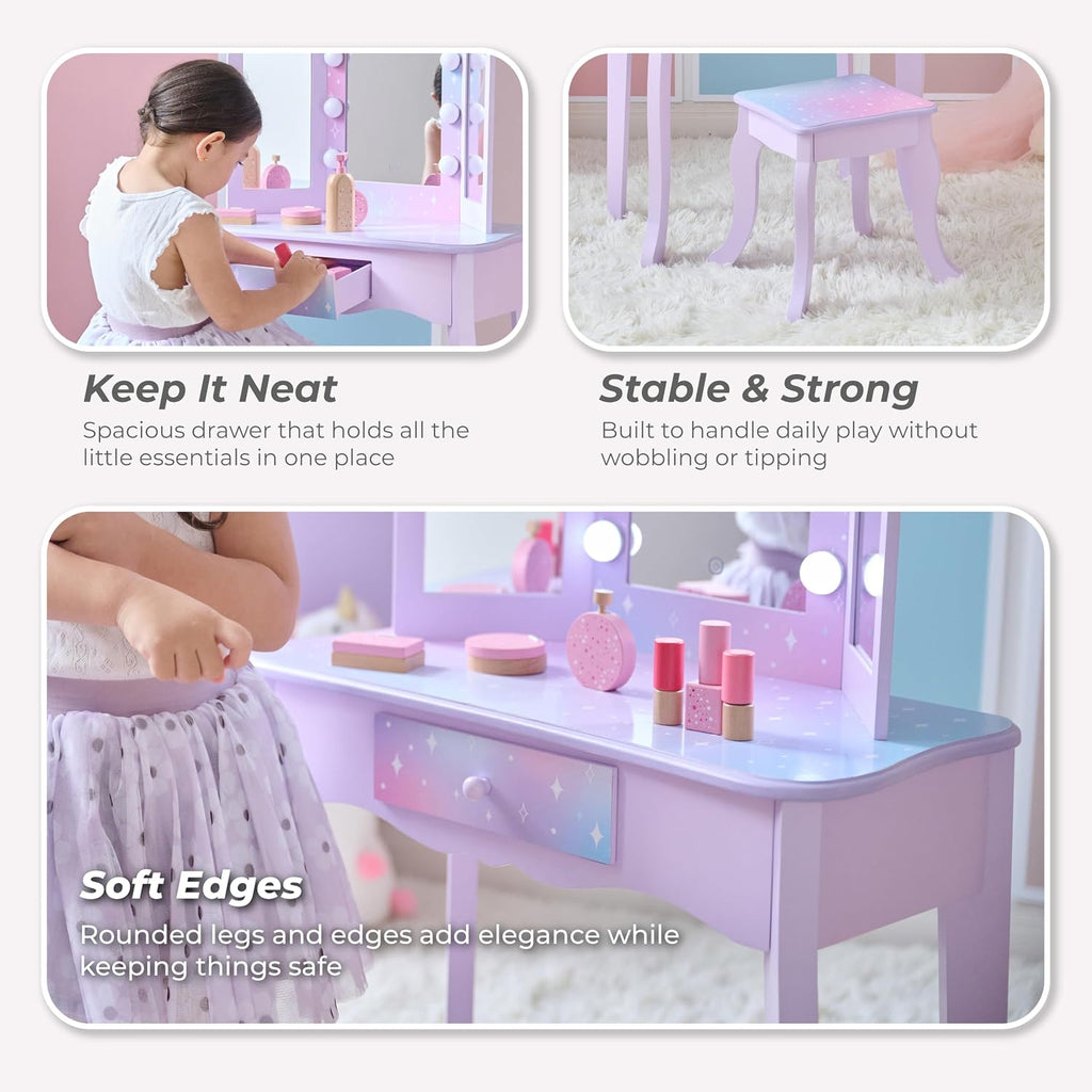Teamson Kids Gisele Medium Vanity with Stool, Purple, Ages 3+ | Stardust Print, LED Lights & Touch Sensor Mirror, Storage Drawer, Pretend Play, Elegant Dressing Table Set