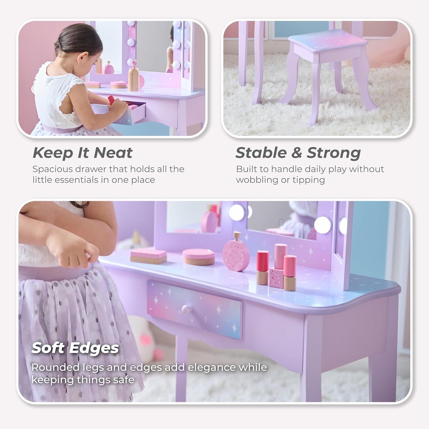 Teamson Kids Gisele Medium Vanity with Stool, Purple, Ages 3+ | Stardust Print, LED Lights & Touch Sensor Mirror, Storage Drawer, Pretend Play, Elegant Dressing Table Set