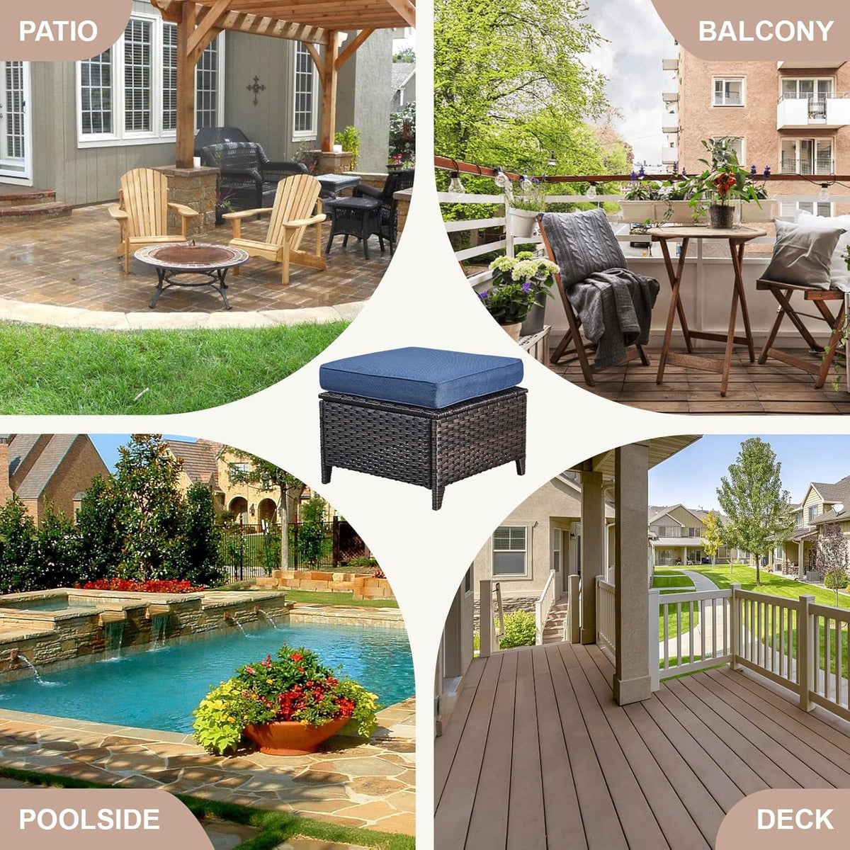 Patio Ottomans Set of 2 Outdoor Ottomans Wicker Foot Stools 2 Piece Footrest PE Rattan Ottomans with Thickened Cushions for Patio Garden Porch Balcony Poolside Deck, Brown|Blue