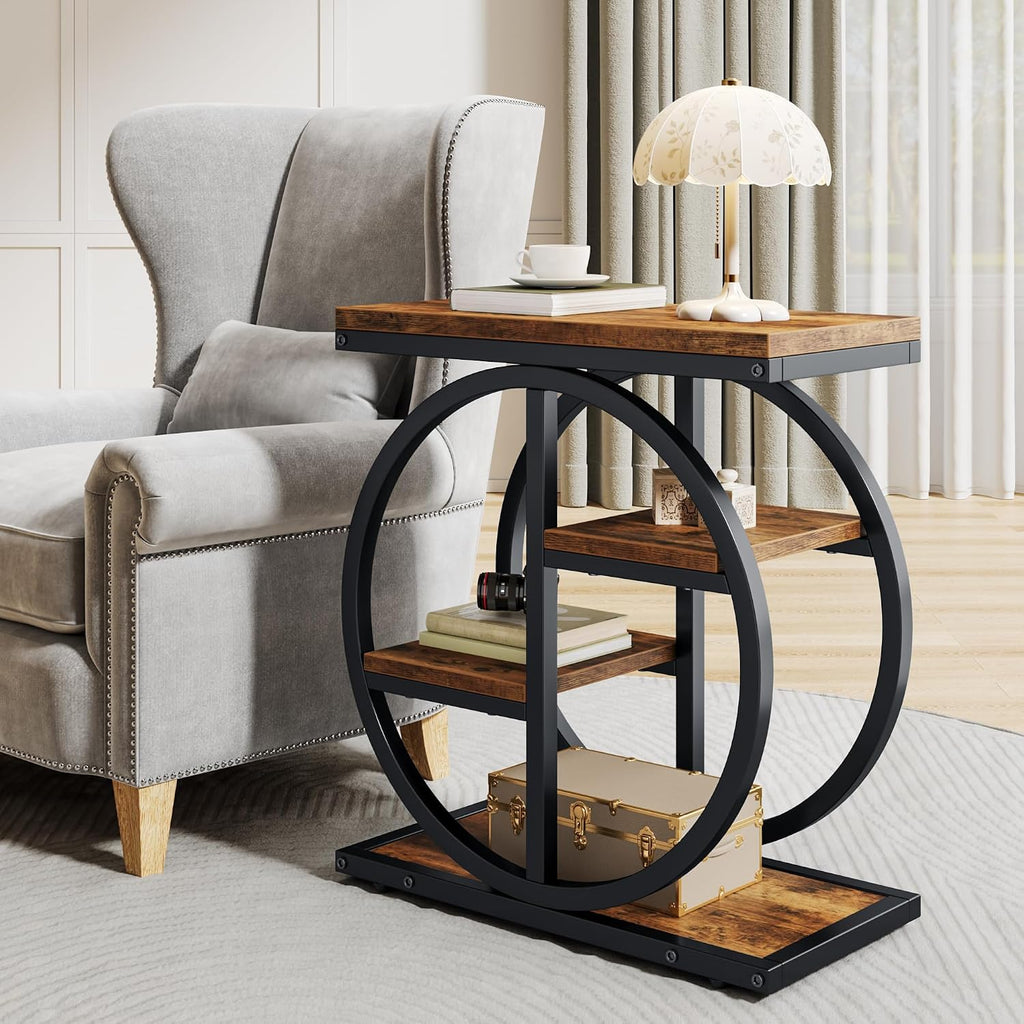 End Tables for Living Room, 4-Tier Narrow Side Table with Storage Space, Wood Slim Sofa Side Table with Geometric Metal Frame, Industrial Skinny Nightstand and Bedside Table, Rustic Brown