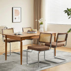 SoarFlash Linen Dining Chair Set of 4 Modern Upholstered Kitchen Chair with Walnut Rattan Cane Back, Stainless Chrome Base for Dining Room, Club(Coffee)