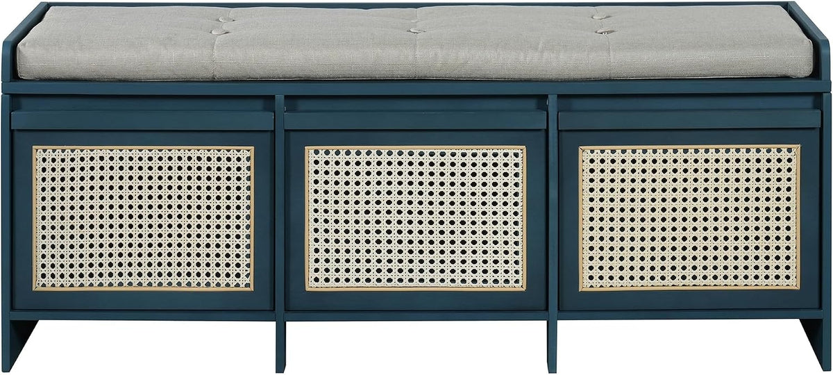 SOFTSEA 48" Shoe Storage Bench with Cushion, 2-Tier Entryway Bench with 3 Rattan Storage Drawers & Lift Top Storage, Retro Shoe Cabinet for Hallway, Bedroom, Living Room, Navy