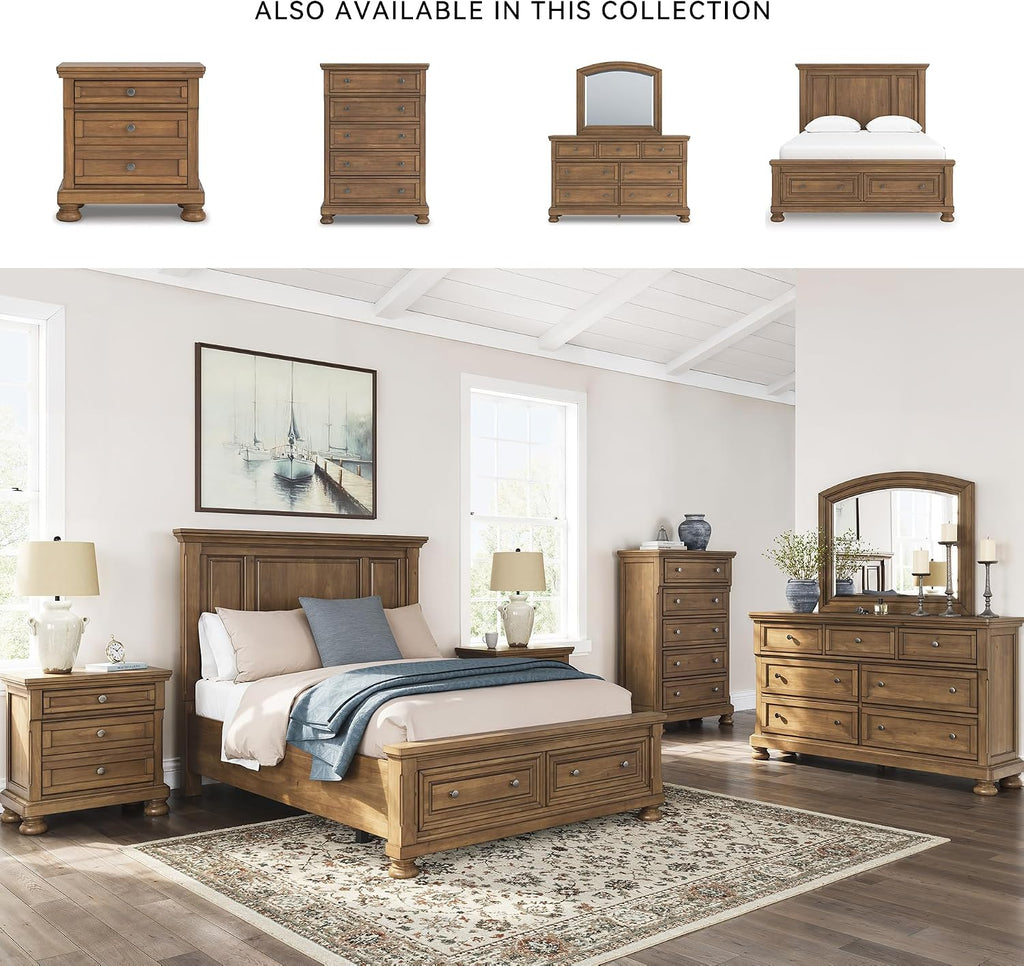 Signature Design by Ashley 2-Drawer Wood Nightstand, Chestnut Brown | Poplar solids, Pine veneer and MDF substrate, 30 in height, English dovetail construction, Hidden tray, Glarrison Series