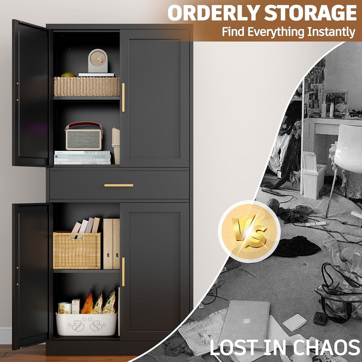 Metal Cabinet, 71” Garage Storage Cabinet with Doors and Adjustable Shelves (Black, 1 Drawer)
