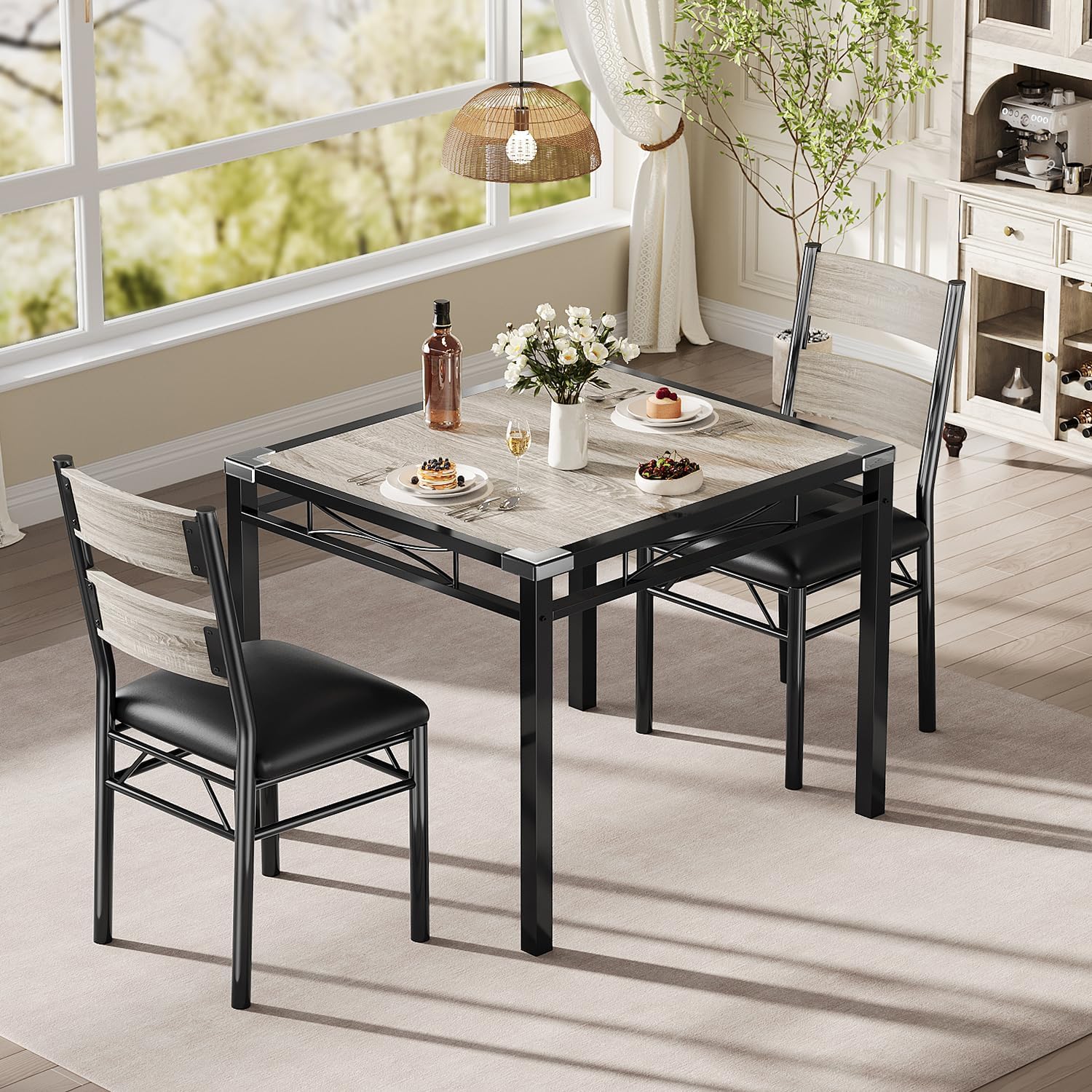 IDEALHOUSE Dining Table Set for 2 with Corner Protector, Kitchen Table Chairs Set of 2 w/Upholstered Chairs, Wood Dining Room Table Set for 2, for Dining Room, Apartment, Retro Gray