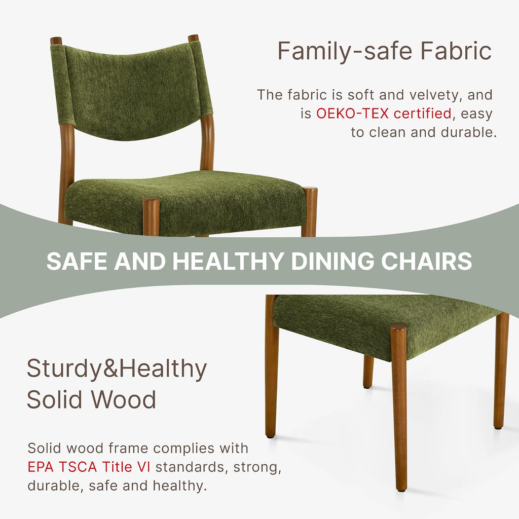 KISLOT Dining Chairs Set of 2, Ergonomic Upholstered Wood Chairs, Green | Mid Century Modern Dining Room Chairs, Ergonomic Farmhouse Kitchen Chairs with Solid Rubber Wood Frame, Antique Walnut Leg