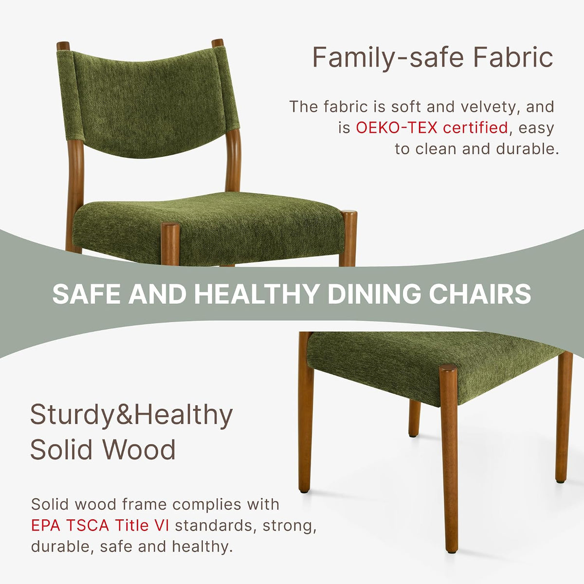 KISLOT Dining Chairs Set of 2, Ergonomic Upholstered Wood Chairs, Green | Mid Century Modern Dining Room Chairs, Ergonomic Farmhouse Kitchen Chairs with Solid Rubber Wood Frame, Antique Walnut Leg
