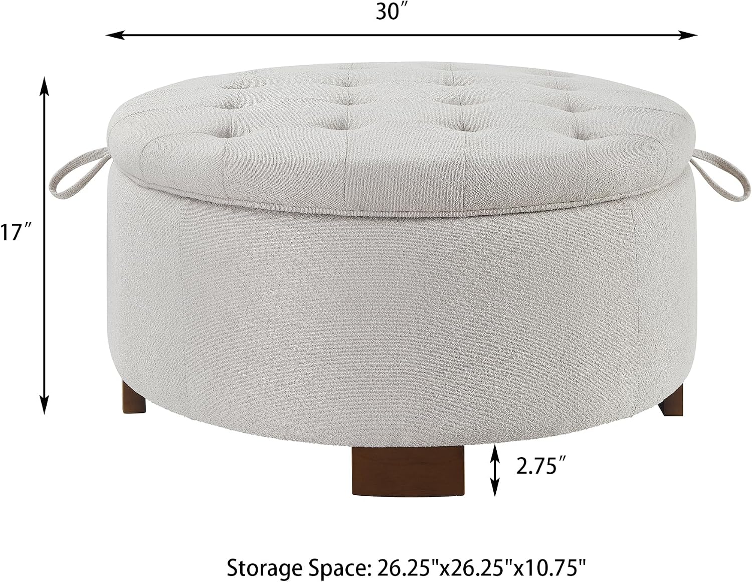 30'' Round Ottoman with Storage, Oversized Ottoman Coffee Table with Reversible Lid and Wooden Legs, Boucle Upholstered Tufted Footstool, Dual-Purpose Seat & Table for Living Room Bedroom, Beige