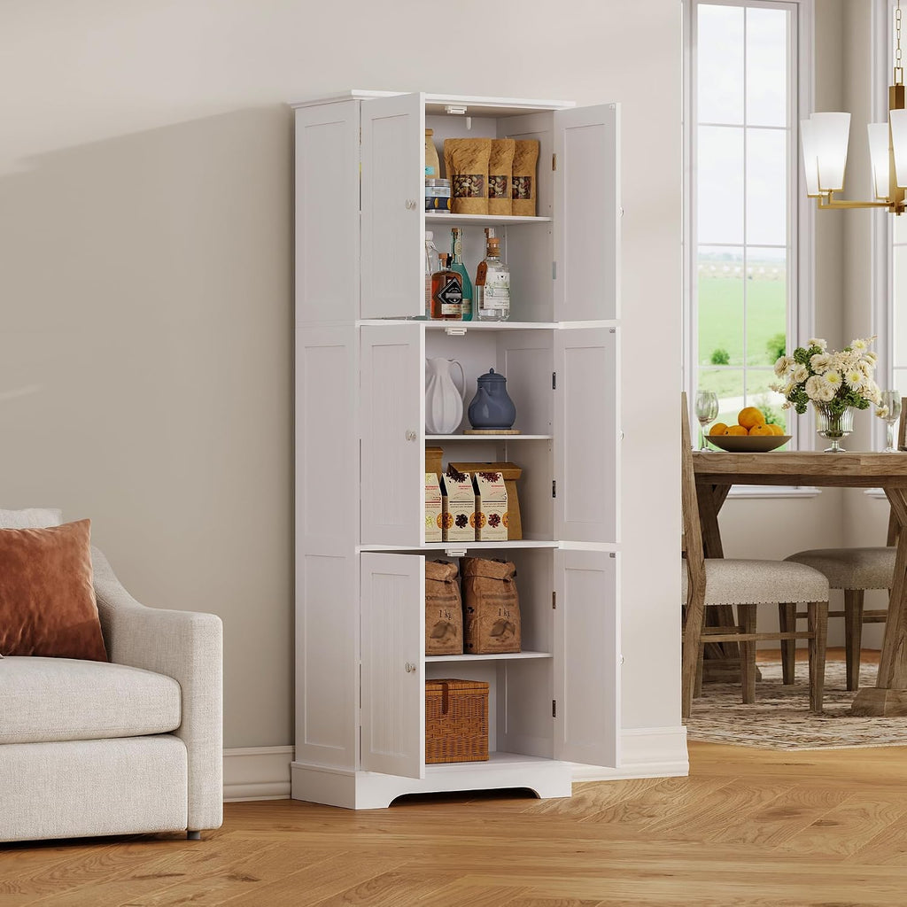 ChooChoo 63.2" Tall Bathroom Storage Cabinet with 6 Doors | Freestanding Floor Cabinet, Adjustable Shelves, Pantry Cabinet for Bathroom, Kitchen, Laundry Room, White