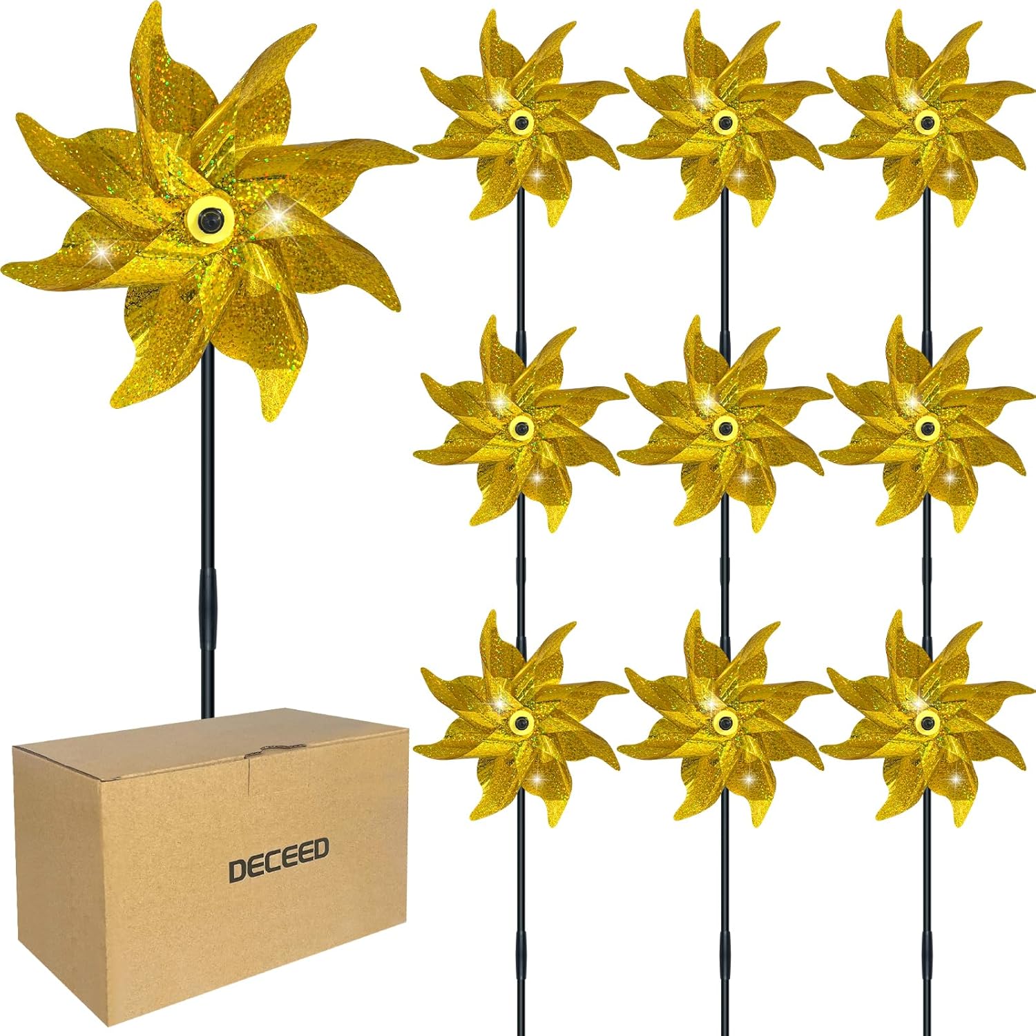 10 PCS Reflective Pinwheels for Yard and Garden Bird Devices Pre-Installed Sparkly Wind Spinner Deterrent to Scare Birds Away from Yard Patio Farm (Yellow)