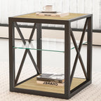 Modern End Table Set of 2 for Living Room 17.7" Bedroom Nightstand, Tempered Glass Shelf & Rustic Wood MDF Top Square Side Tables 2 Pack, Industrial Natural