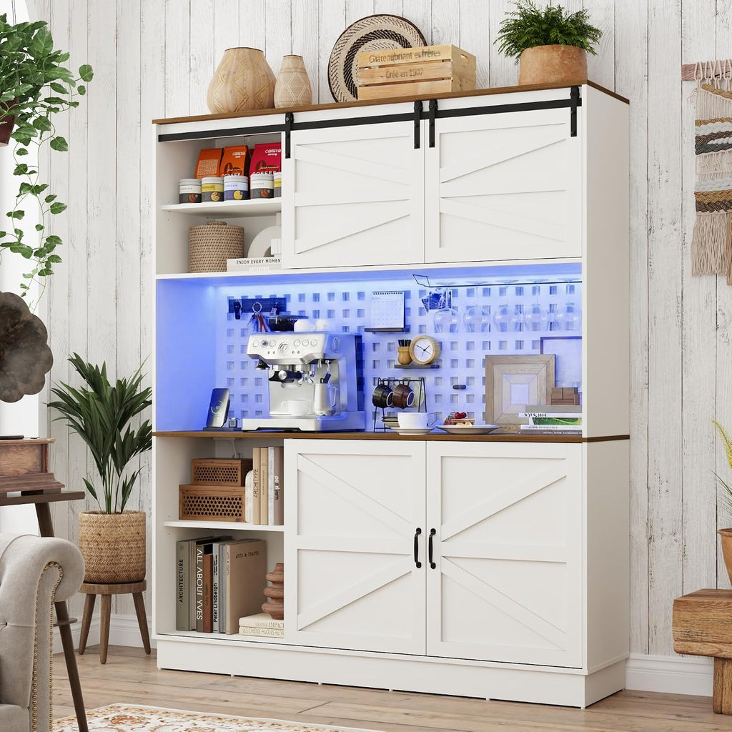 75”Tall 63"W Extra Large Farmhouse Kitchen Storage Pantry Hutch Cabinet w/Power Outlet,Pegboard,Coffee Bar Cabinets,LED Light,Microwave Shelf,Wine Rack,4 Barn Doors,2 Drawers, Dining Room,Black