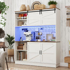 75”Tall 63"W Extra Large Farmhouse Kitchen Storage Pantry Hutch Cabinet w/Power Outlet,Pegboard,Coffee Bar Cabinets,LED Light,Microwave Shelf,Wine Rack,4 Barn Doors,2 Drawers, Dining Room,Black